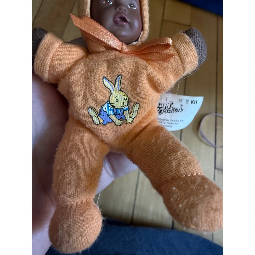 Zapf Creation Mini Baby Doll Orange Bunny Suit Plush Toy 5.5 Inch Brown Eyes